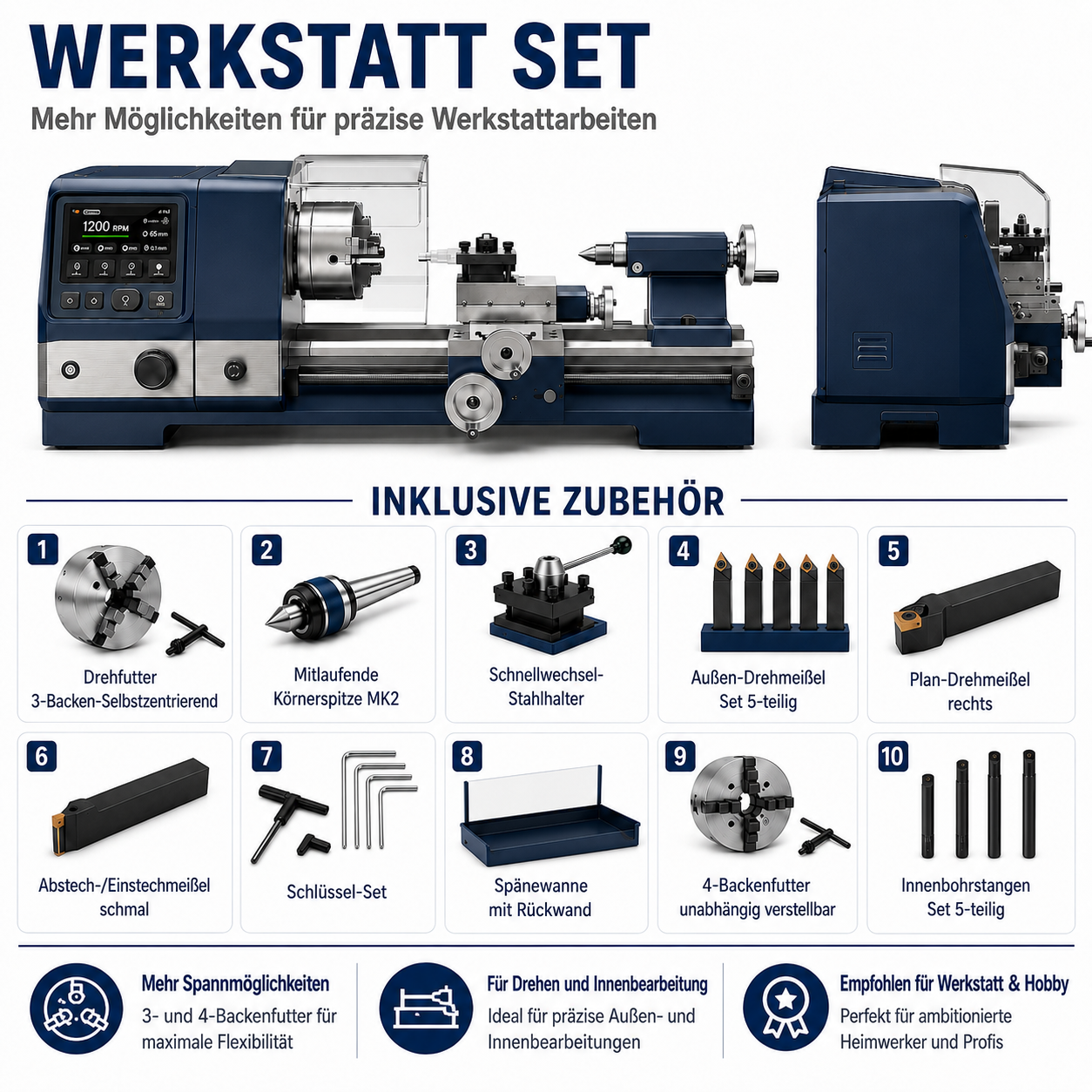 Präzisionsdrehmaschine Drehfutter 3 Backen selbstzentrierend Mitlaufende Körnerspitze MK2 Schnellwechsel Stahlhalter Außendrehmeißel Set 5 teilig Plan Drehmeißel rechts Abstech und Einstechmeißel schmal Schlüssel Set Spänewanne mit Rückwand 4 Backenfutter unabhängig verstellbar Innenbohrstangen Set 5 teilig
